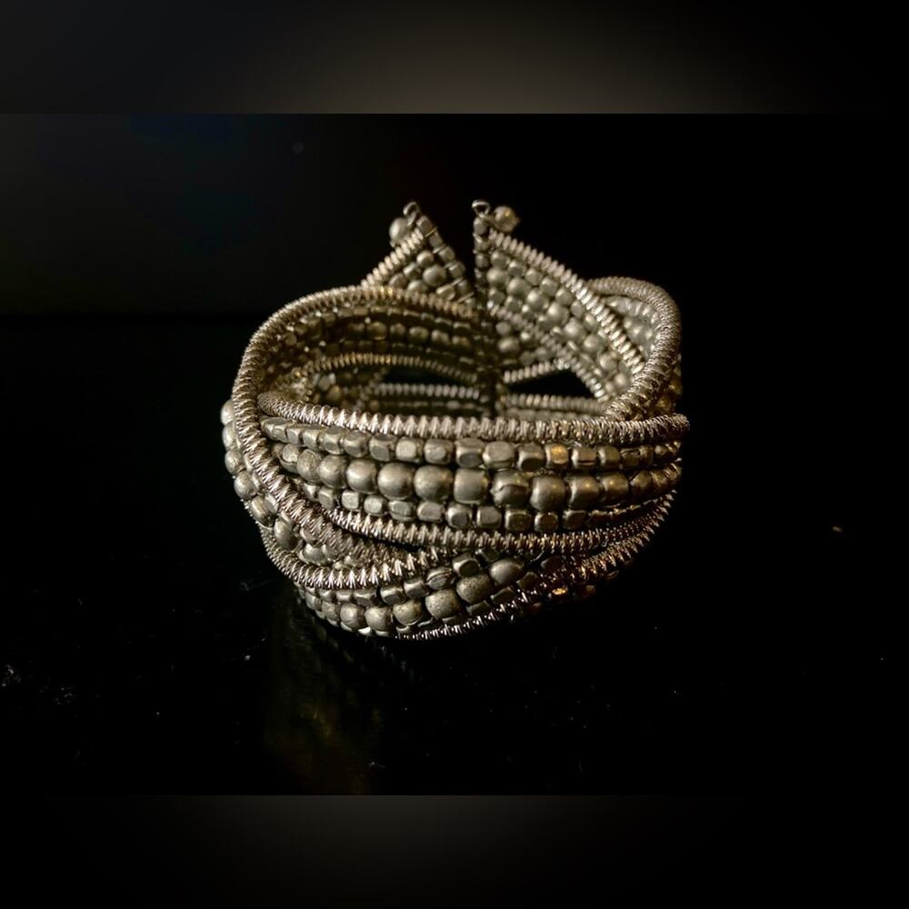 Boho Intertwining Silver Beaded Cuff Bracelet - image 6